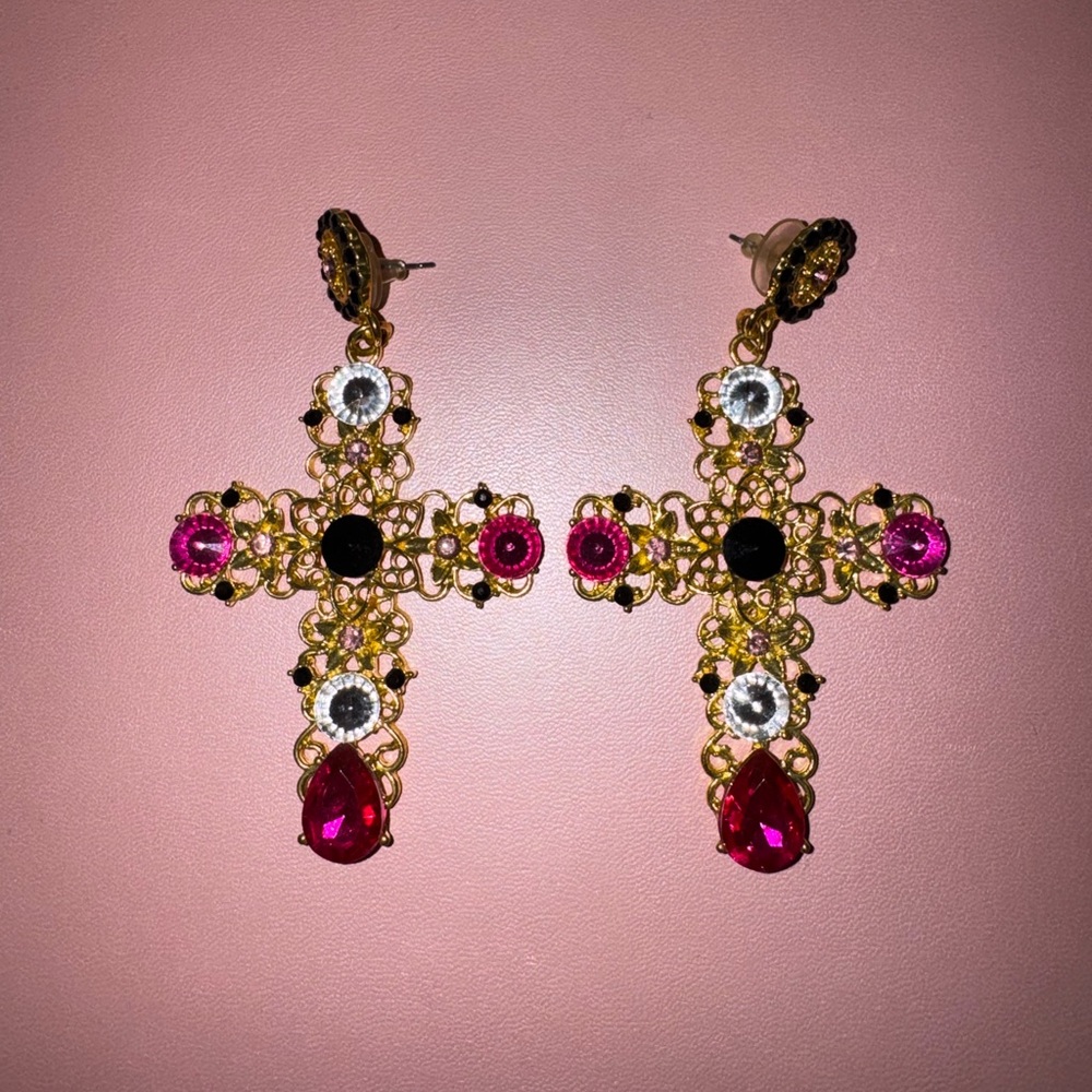 Baroque Rhinestone Cross Earrings | Gold-Tone & Pink